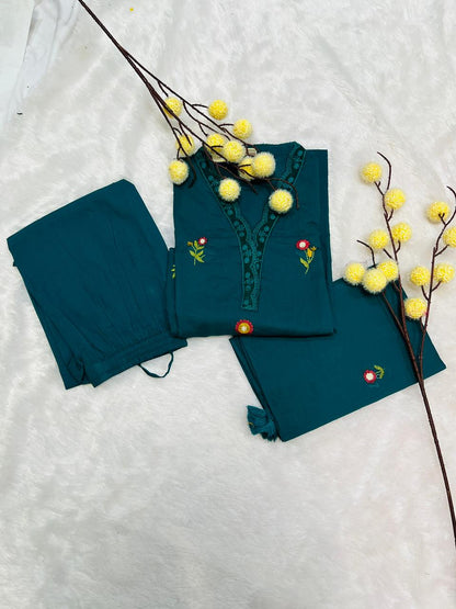 Embroidered Teal Suit Set with Floral Motifs