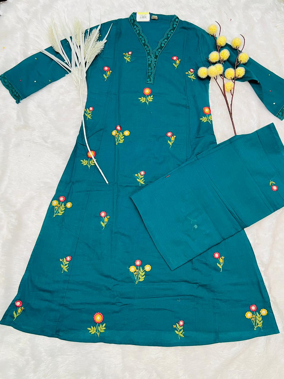 Embroidered Teal Suit Set with Floral Motifs