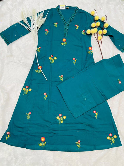 Embroidered Teal Suit Set with Floral Motifs