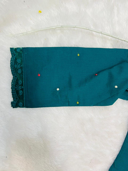 Embroidered Teal Suit Set with Floral Motifs