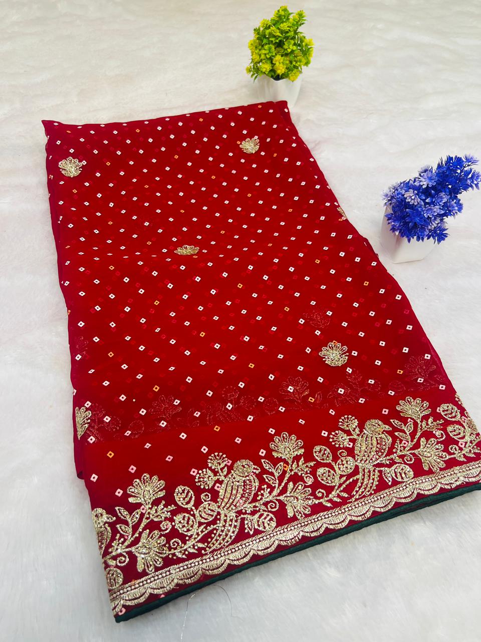 Red Bandhani Style Embroidered Saree