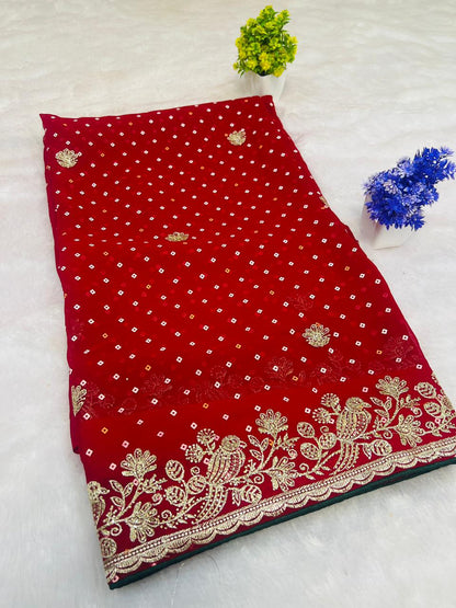 Red Bandhani Style Embroidered Saree