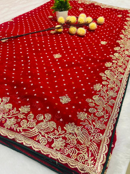 Red Bandhani Style Embroidered Saree