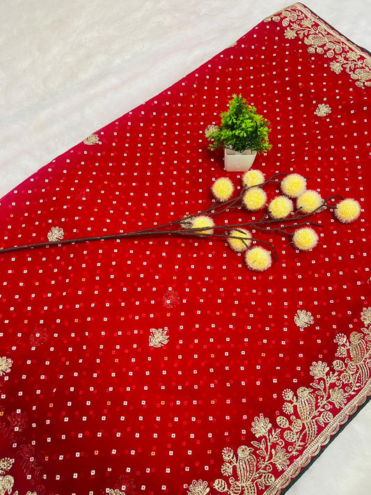 Red Bandhani Style Embroidered Saree