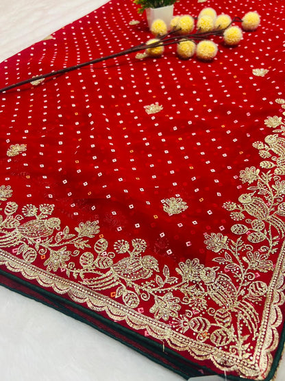 Red Bandhani Style Embroidered Saree