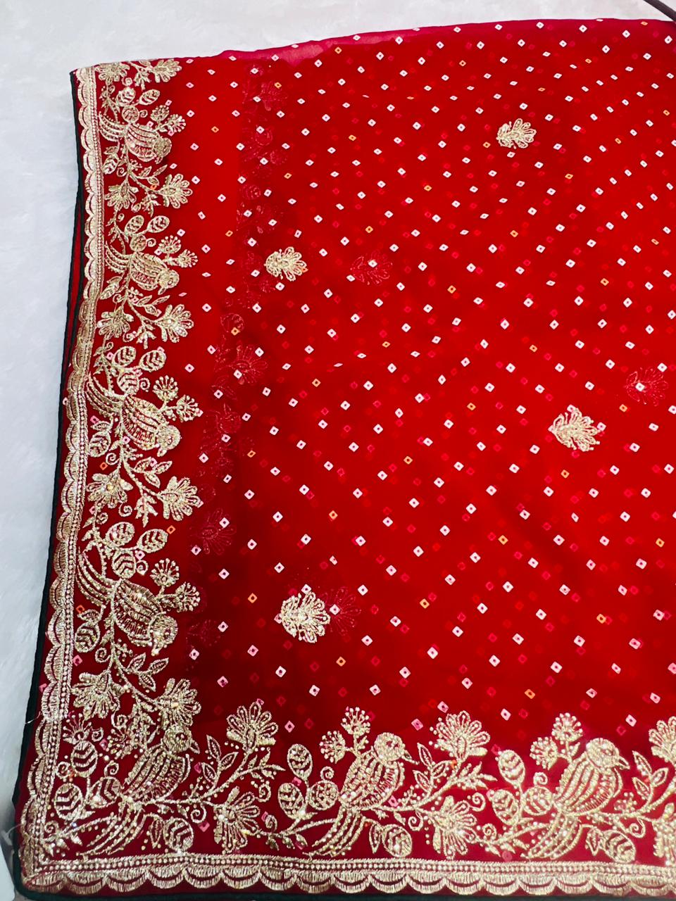 Red Bandhani Style Embroidered Saree