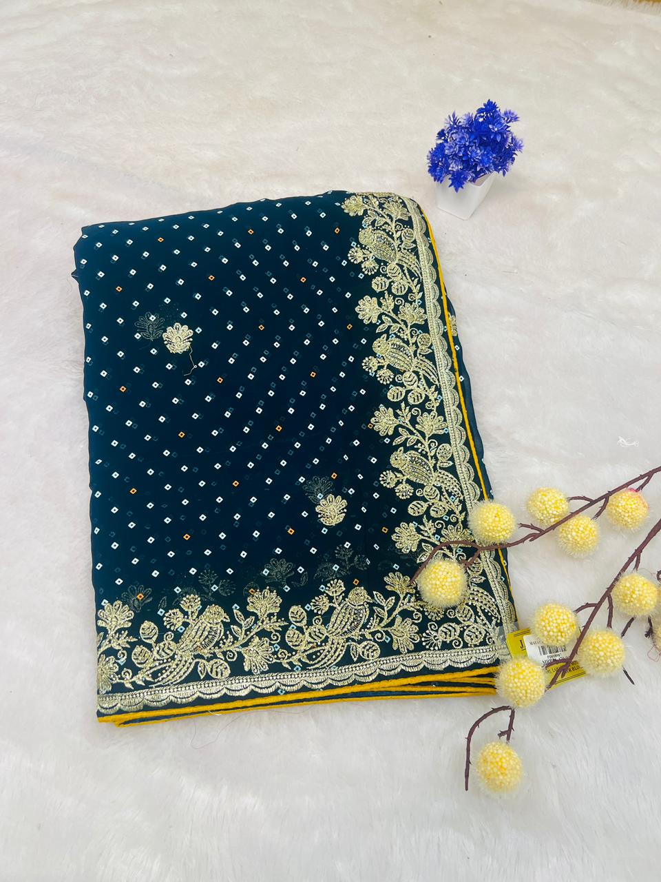 Blue Bandhani Style Embroidered Saree