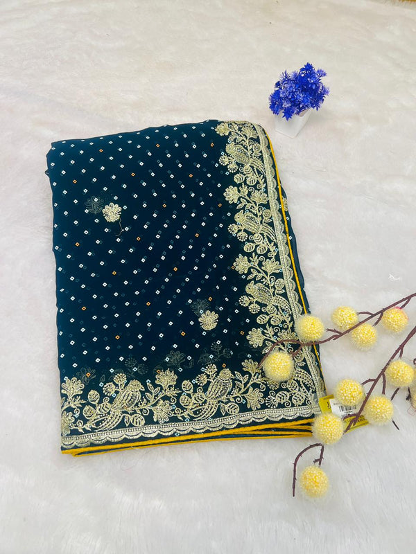 Blue Bandhani Style Embroidered Saree