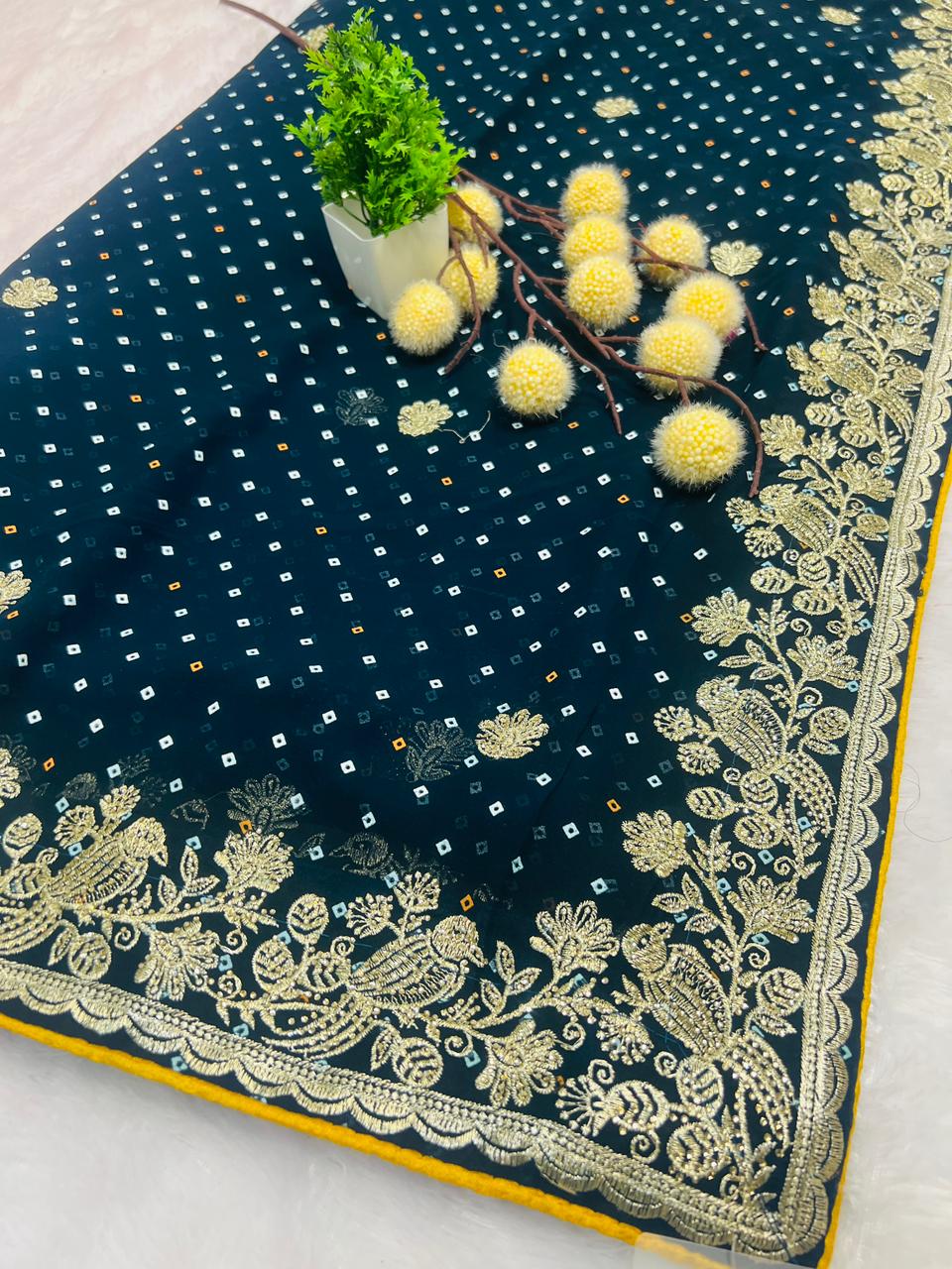 Blue Bandhani Style Embroidered Saree