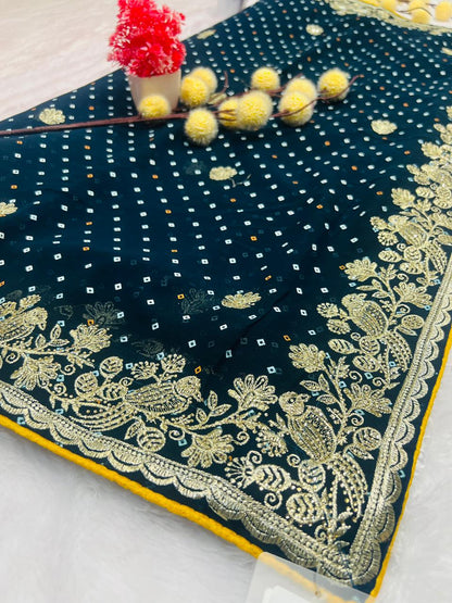 Blue Bandhani Style Embroidered Saree