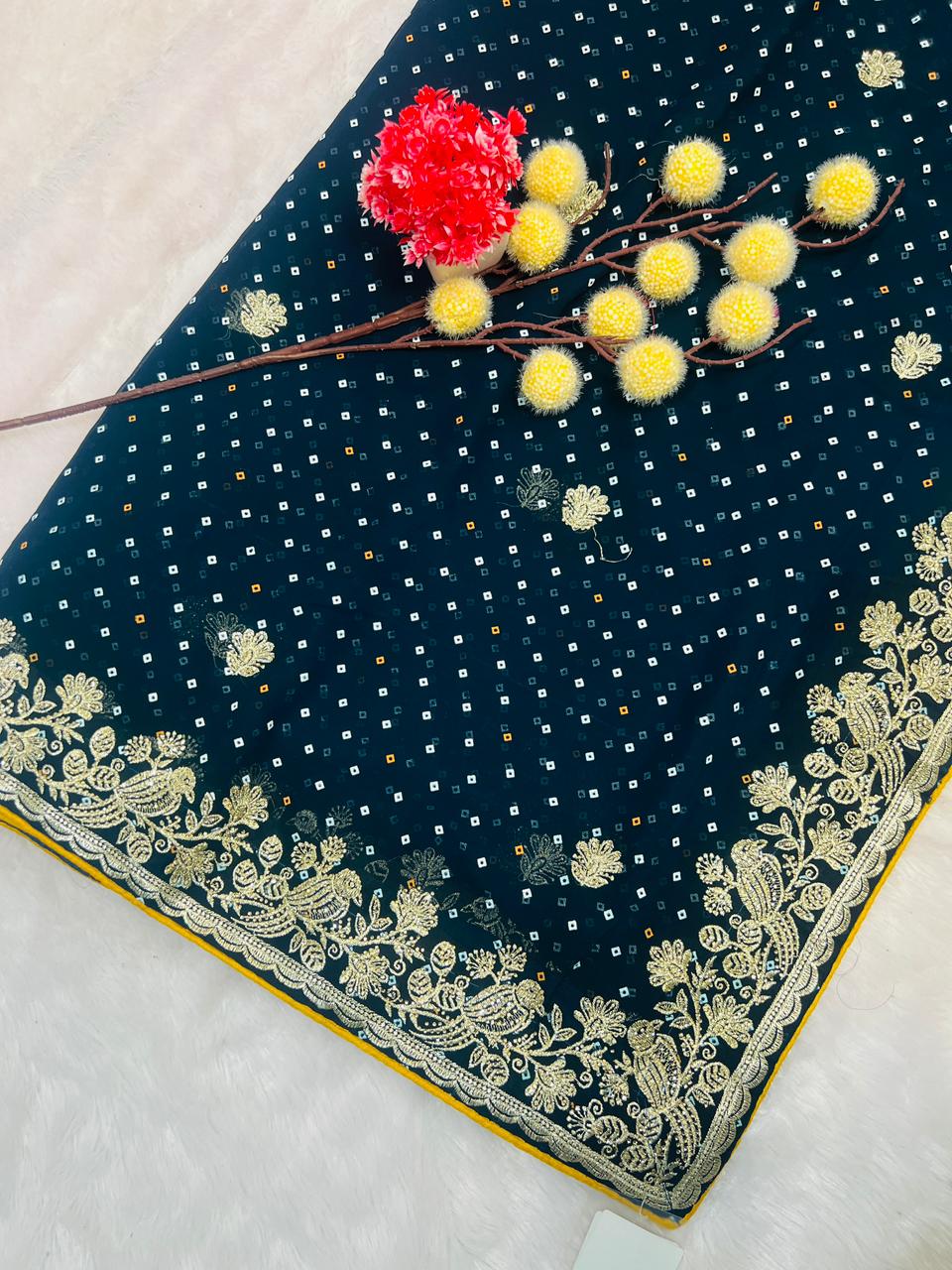 Blue Bandhani Style Embroidered Saree