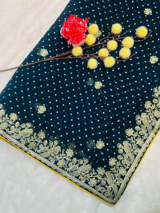 Blue Bandhani Style Embroidered Saree