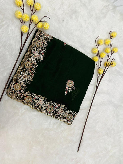 Green Heavy Embroidered Border Saree