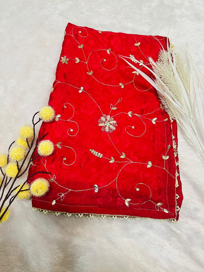 Red Designer Embroidered Partywear Saree