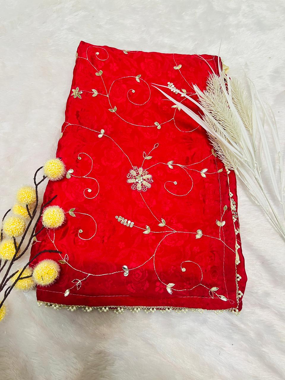 Red Designer Embroidered Partywear Saree