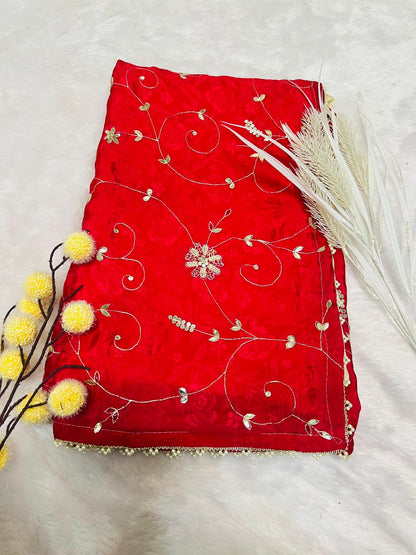 Red Designer Embroidered Partywear Saree