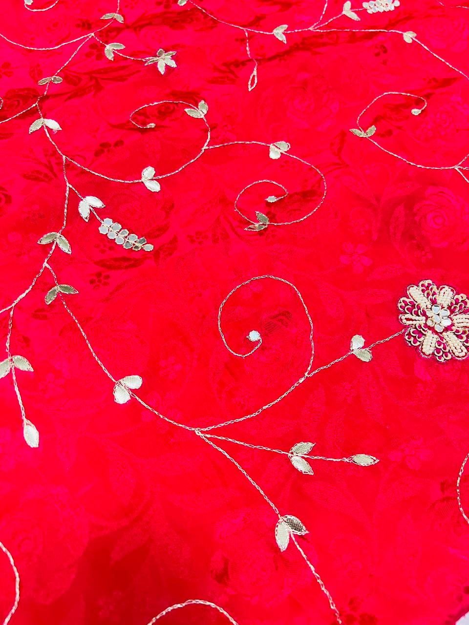 Red Designer Embroidered Partywear Saree