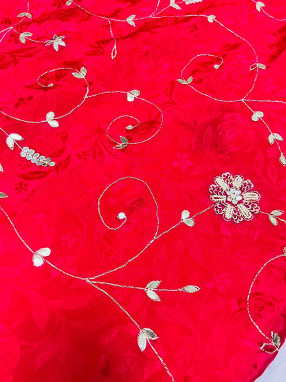 Red Designer Embroidered Partywear Saree