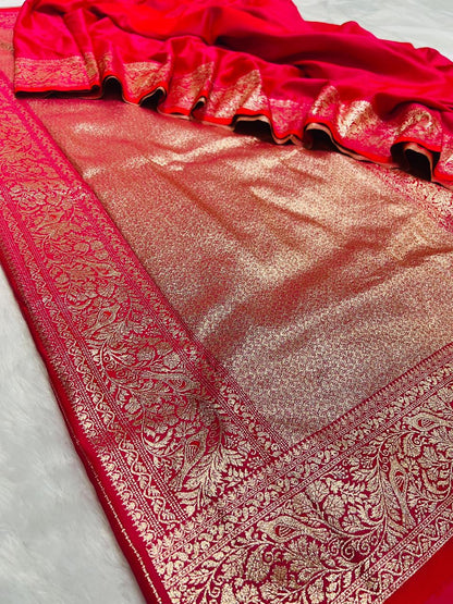 Red Banarasi Silk Blend Saree with Heavy Golden Zari Jaal Weaving and Floral Vine Border
