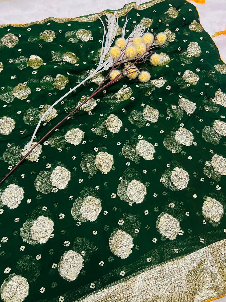 Bottle Green Georgette Bandhani Saree with Golden Zari Border