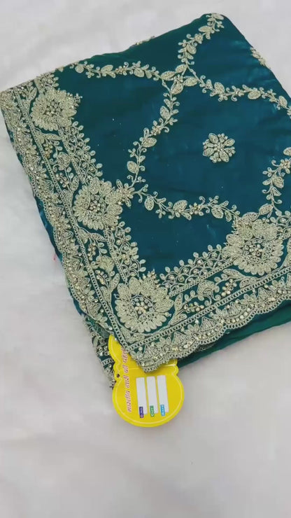 Teal Blue Designer Embroidered Saree